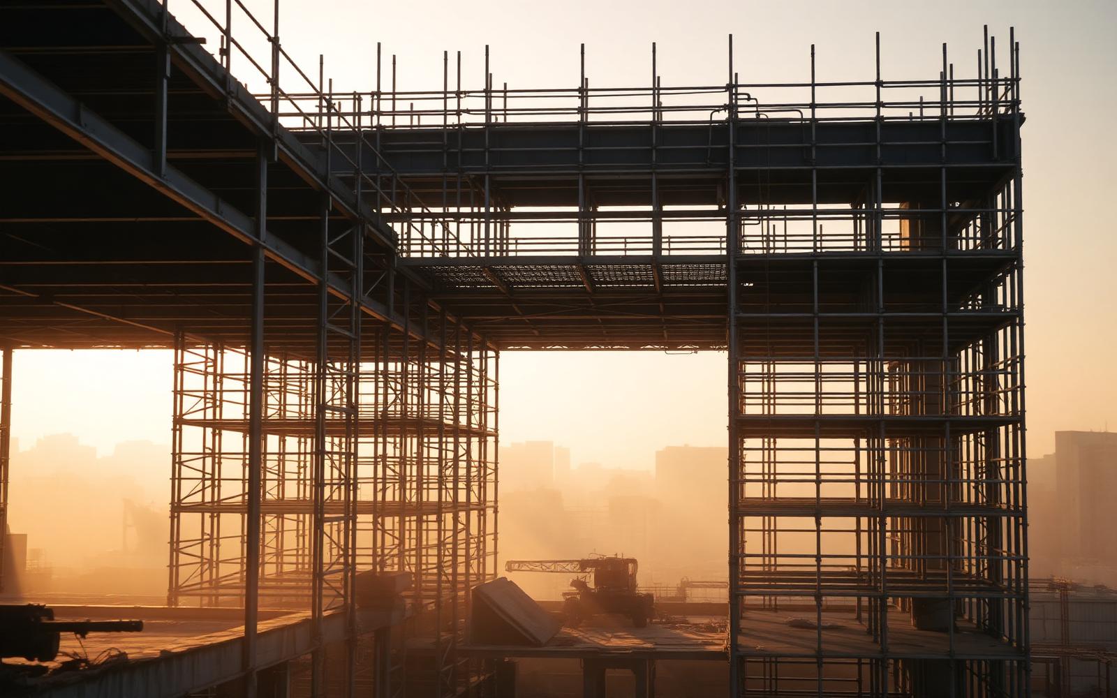 Construction progress at structure stage, photographed in morning light