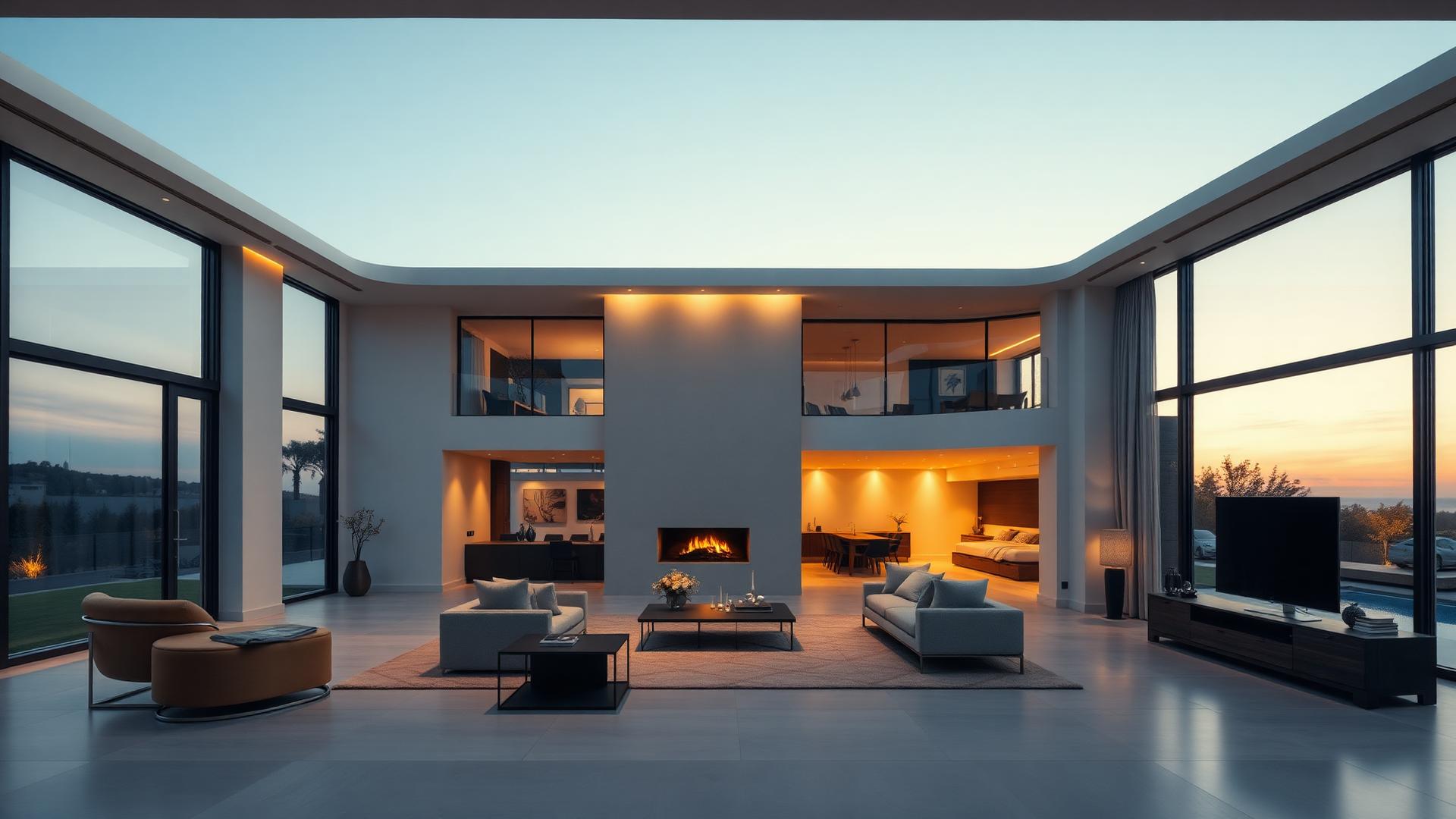 Interior of a completed residence at dusk with large glazed openings